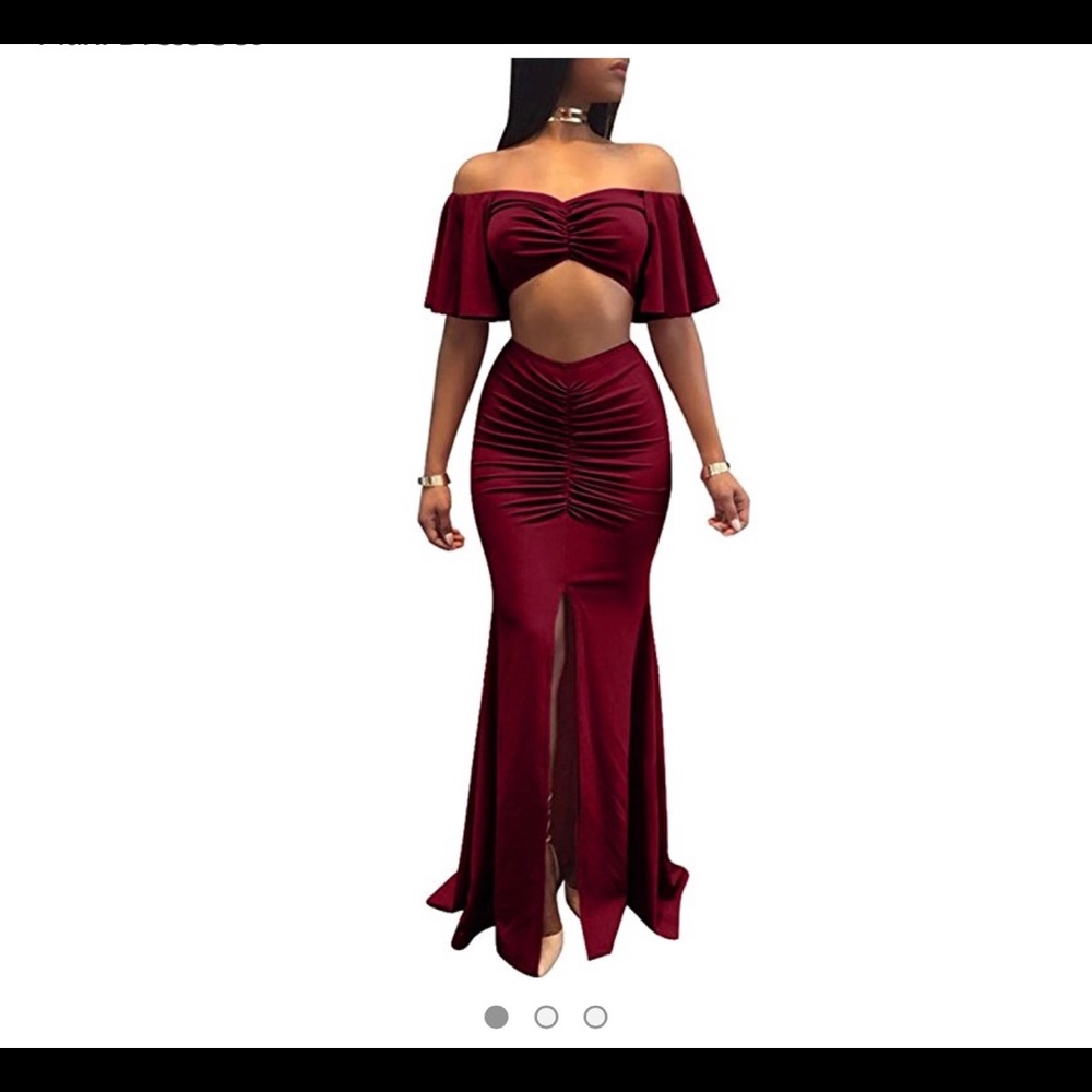 Wine red two piece long dress